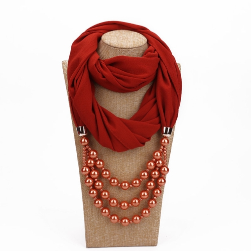 

2 PCS National Style Scarf with Imitation Pearl Necklace(Brick red)