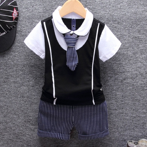 

3 in 1 Children Cotton Formal Short Sleeve Top + Vertical Stripe Shorts + Tie Set, Kid Size:90cm(Black)