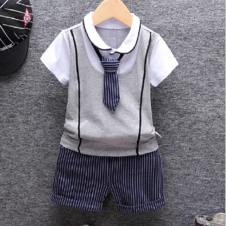 

3 in 1 Children Cotton Formal Short Sleeve Top + Vertical Stripe Shorts + Tie Set, Kid Size:100cm(Grey)