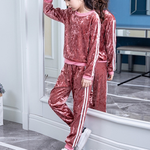 

Spring and Autumn Girls Sweatshirt Set Pleuche Long Sleeve Crew Neck Top + Pants, Size:140cm(Pink)