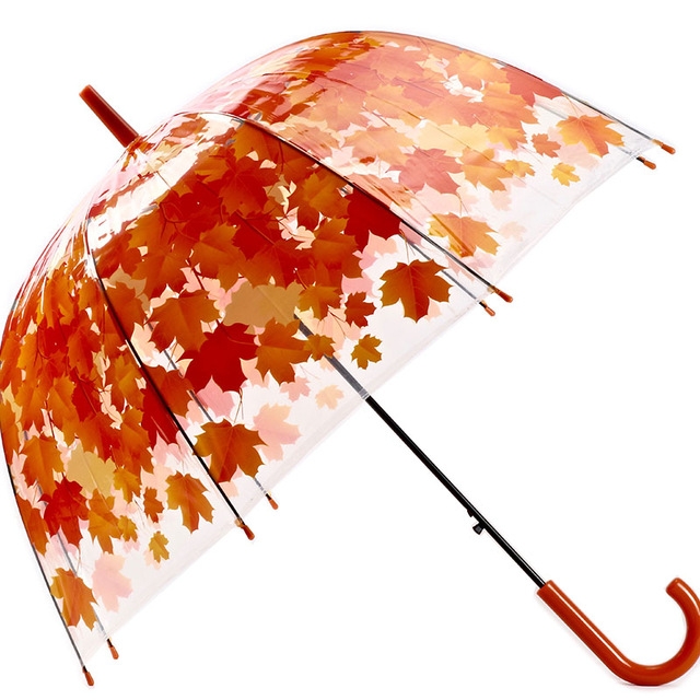 

Green Leaf Transparent Umbrella Straight Rod Crooked Umbrella(Red)