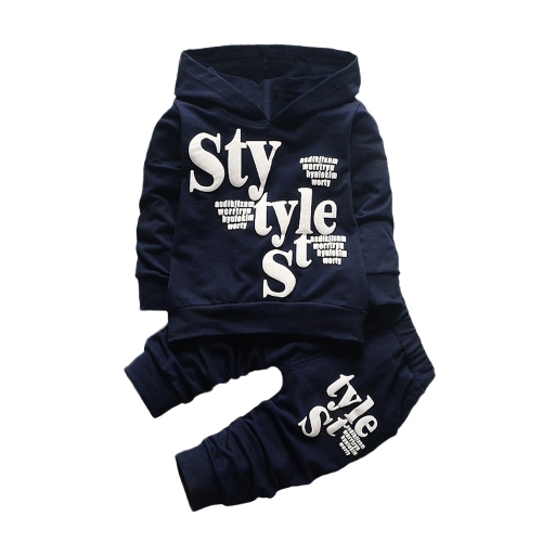 

Letter Printed Long Sleeve Hooded Sweater + Pants Winter Boys Clothing, Size:M(Navy)