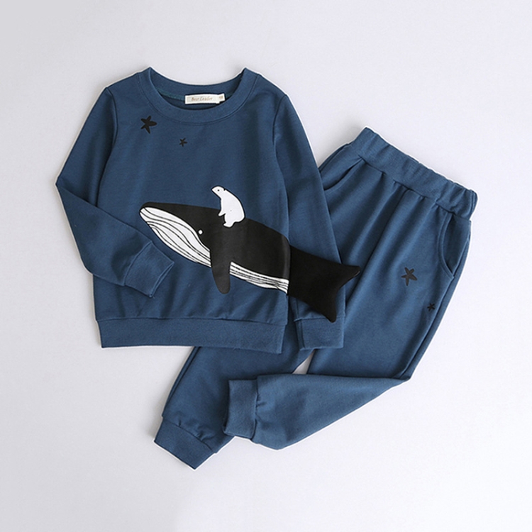 

Autumn Boys Costume Long Sleeve Cartoon Whale Print Top + Pants Set, Size:140cm(Dark Blue)