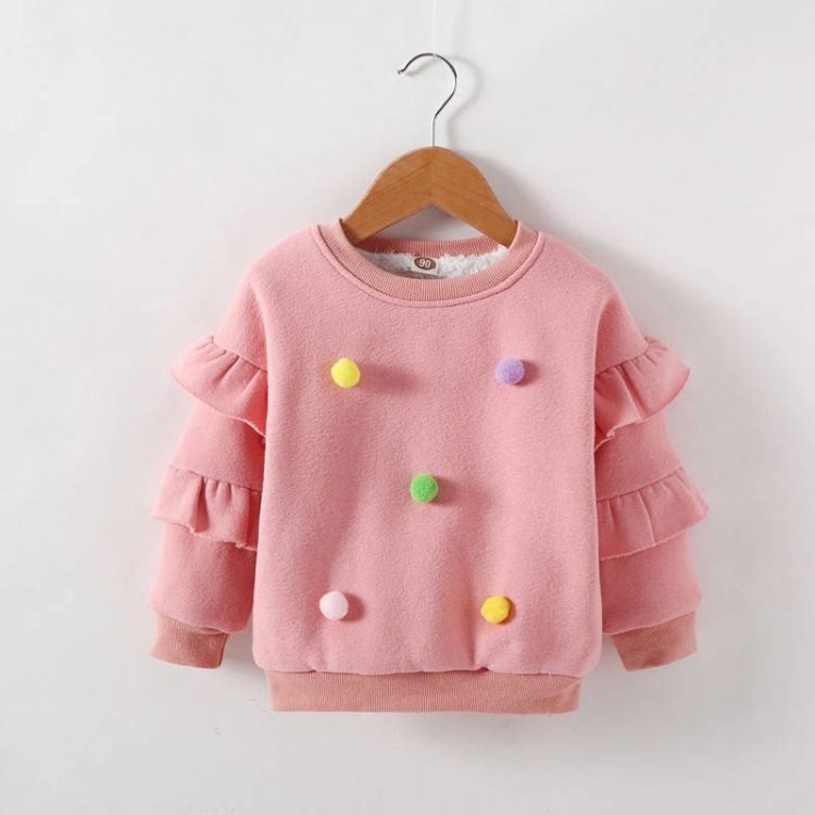 

Spring and Autumn Girls Round Neck Long Bell Sleeve Hair Ball Decoration Plus Velvet Thick Sweatshirt, Height:110cm(Pink)