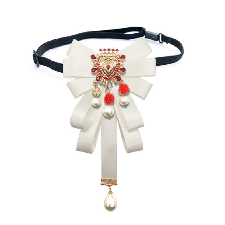

Women Court Style Heart-shaped Diamond Peal Bow Tie Brooch Clothing Accessories, Style:Tie Belts Version(White)