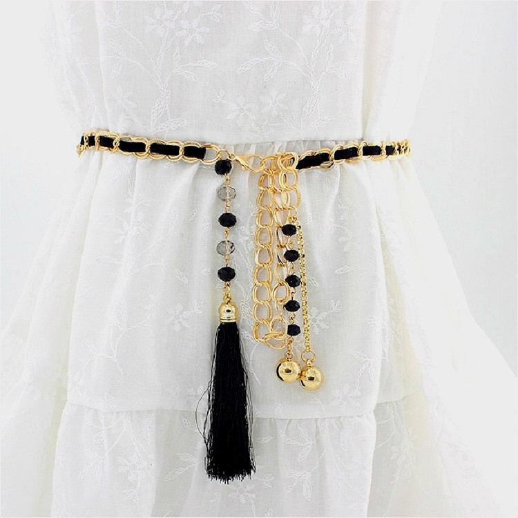 

Women Metal Waist Chain Belt Skirt Accessories with Tassel(Black)