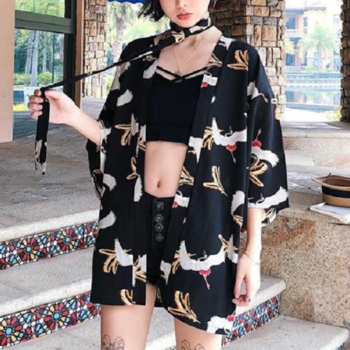 

Street Loose Large Size Sun Protection Clothing Sleeves Kimono Thin Coat, Size:One Size(Black)