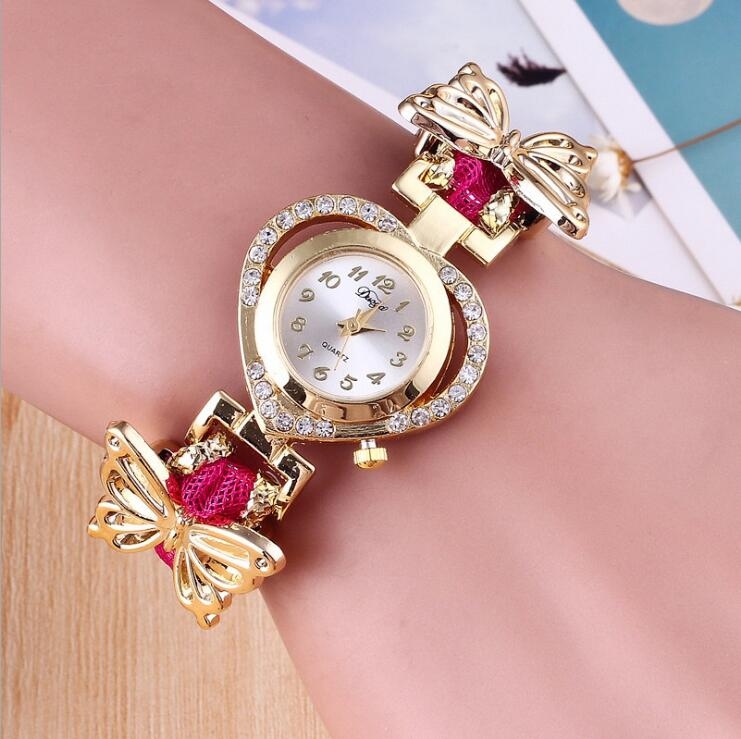 

Women Heart Shaped Dial Diamond Stainless Steel Butterfly Bracelet Watch(Rose Red)
