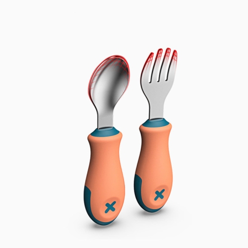 

2 PCS / Set Children Food Supplement Short Handle Fork Spoon Stainless Steel Baby Tableware(Coral Orange)