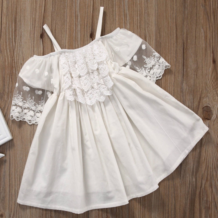 

Summer Girls Cotton Off-Shoulder Lace Sling Dress(White)