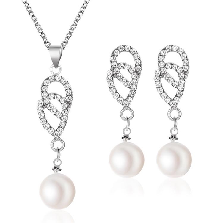 

Elegant Double Ring Pearl Pendant Necklace Hook Earrings Set Wedding for Women(White)