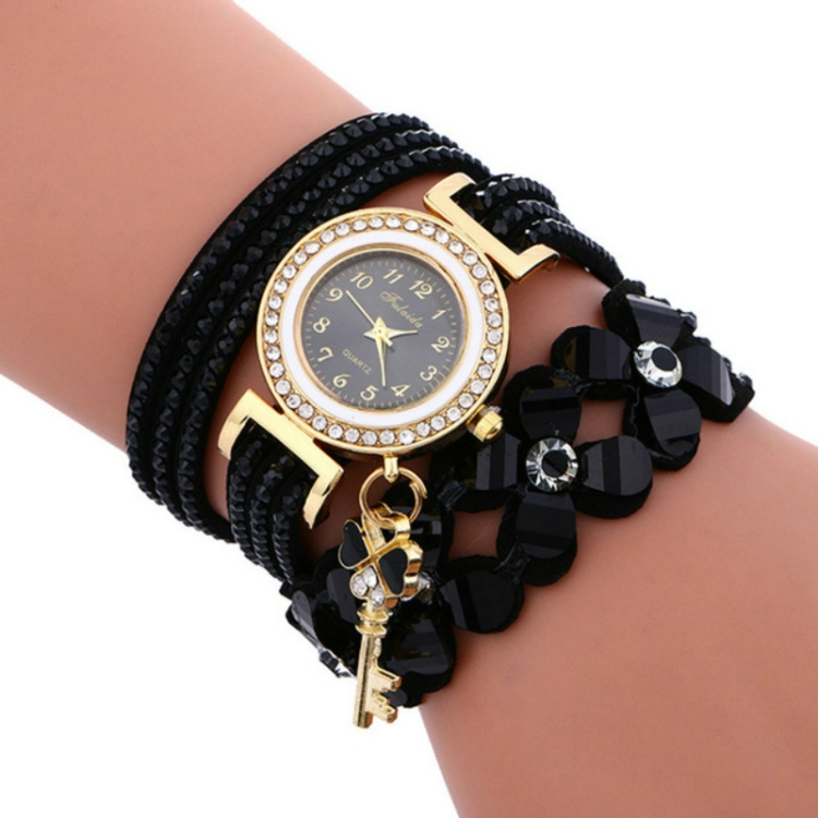 

FULAIDA Round Dial Diamond Flower Bracelet Watch with Flower Shape Key Pendant(Black)