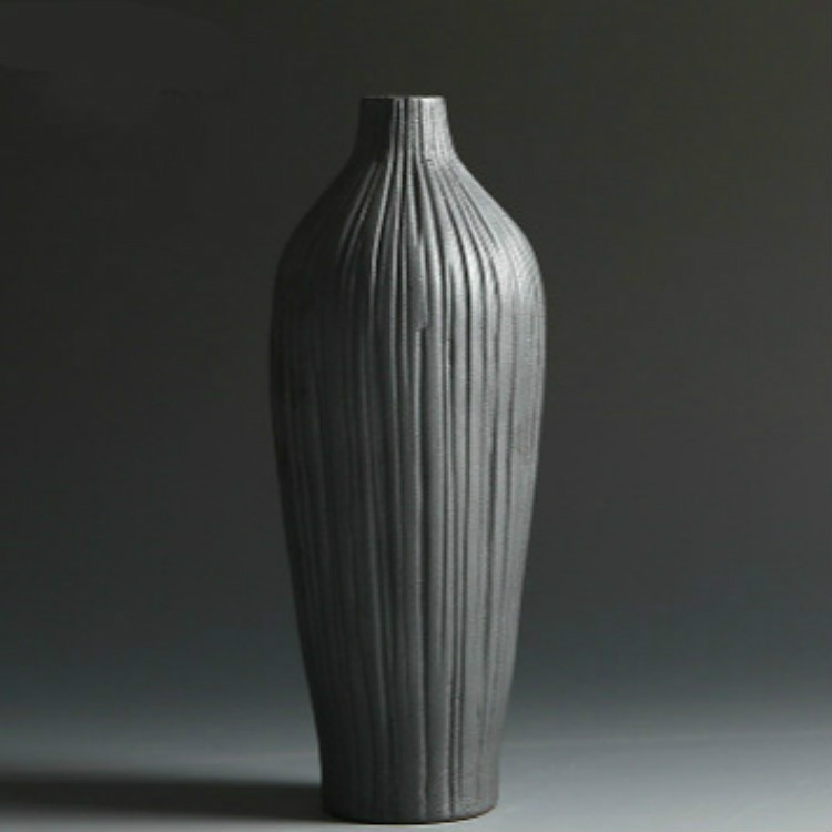 

Black Ceramic Vase Retro Vase Container Gradient Handmade Ceramic Vase, Style:Full Bottle