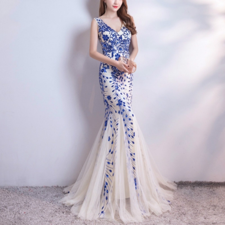 

Sequins Mermaid Evening Dress Prom Gowns Formal Party Elegant Vintage Robe, Size:XL(Blue)