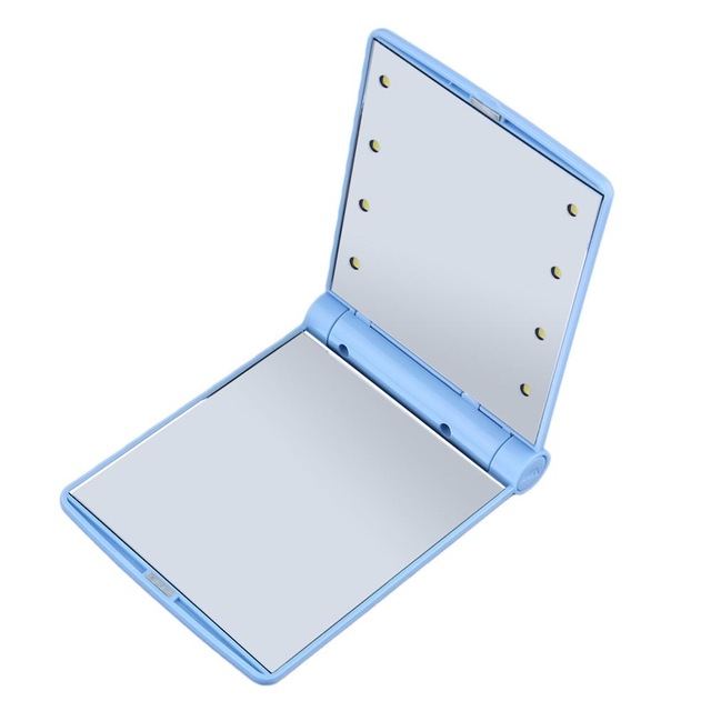 

2 PCS Lady Cosmetic Vanity Mirror Folding Portable Pocket Built-in LED Lighting Bulbs(blue)