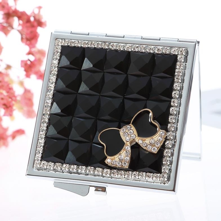 

Hand-made Diamond Mini Folding Cosmetic Mirror Portable Mirror Double-side Gem Bow(Black)