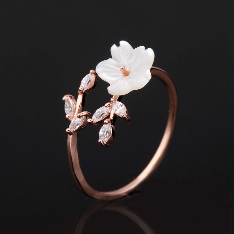 

Rose Gold Beautiful Temperament Zircon Leaves Shell Flower Open Ring, Ring Size:16mm