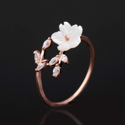 

Rose Gold Beautiful Temperament Zircon Leaves Shell Flower Open Ring, Ring Size:17mm