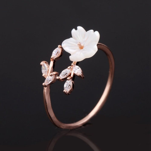 

Rose Gold Beautiful Temperament Zircon Leaves Shell Flower Open Ring, Ring Size:18mm