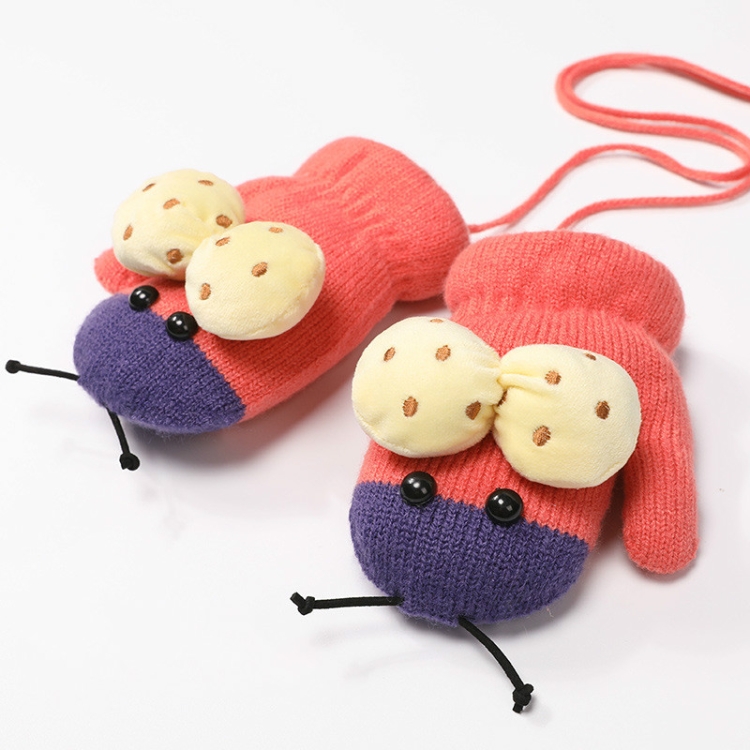 

Winter Cute Ladybug Shape Plus Velvet Warm Mittens Hanging Neck Gloves Children Gloves Watermelon Red