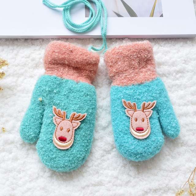 

Cartoon Elk Pattern Earm Mittens Hanging Neck Gloves Children Gloves(Sky Blue)