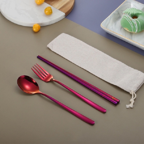 

3 PCS / Set Creative Stainless Steel Spoon Fork Chopsticks Portable Tableware Set, Color:Purple