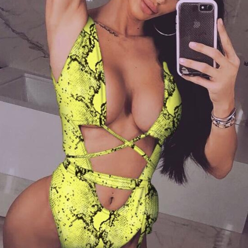 

2 PCS Sexy Leopard One-piece Bandage Push Up Swimwear for Women, Size:M(Yellow leopard)
