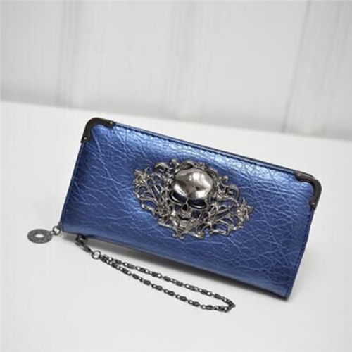 

PU Leather Wallet Long Zipper Closed Wallets Skull Flower Lady Purses(Blue)
