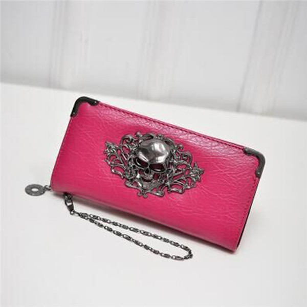 

PU Leather Wallet Long Zipper Closed Wallets Skull Flower Lady Purses(Rose Red)