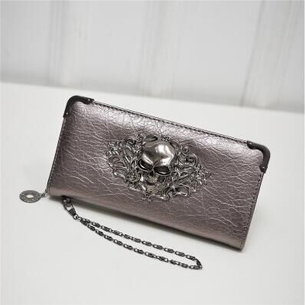 

PU Leather Wallet Long Zipper Closed Wallets Skull Flower Lady Purses(Champagne)
