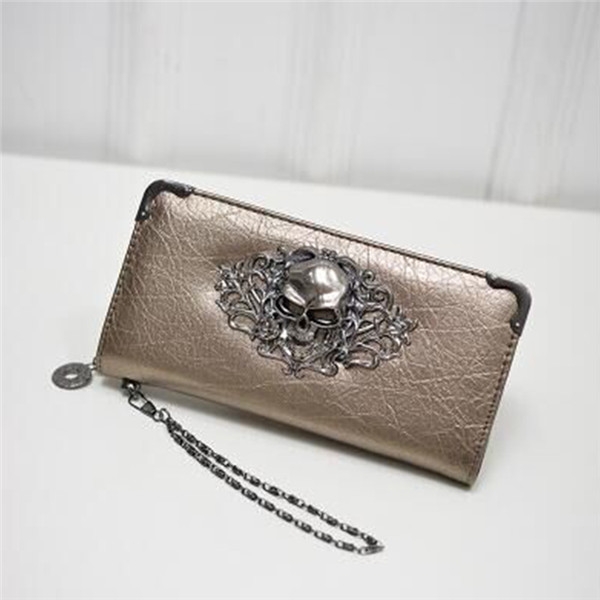 

PU Leather Wallet Long Zipper Closed Wallets Skull Flower Lady Purses(Gold)