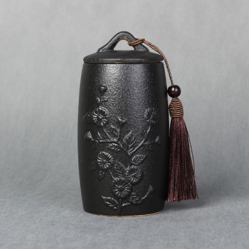 

Chrysanthemum Pattern Stoneware Tea Cans Storage Tanks Ceramic Tea Set Tea Ceremony Accessories(Black)