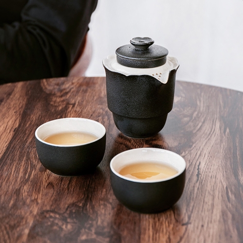 

4 in 1 Teapot + Two Tea Cups + Storage Box Portable Travel Coarse Pottery Kung Fu Tea Set (Black)