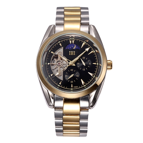 

IHI C728 Life Waterproof Round Hollow Dial Automatic Mechanical Fashion Men Watch with Stainless Steel Band & 24 Hours Dial & Moon and Stars Small Dial & Luminous Display(Black + Gold)