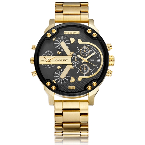 

CAGARNY 6820 Fashionable Business Style Large Dial Calendar Display Men Quartz Dual Movement Watch with Stainless Steel Band (Black Ring Gold Steel Belt)