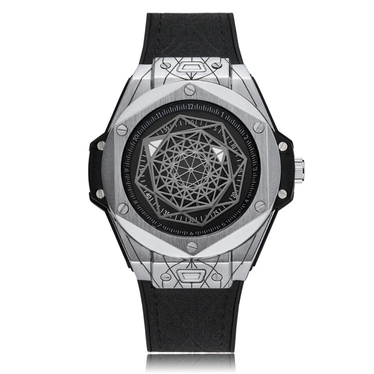 

CAGARNY 6868 Geometric Polygon Dial Quartz Dual Movement Watch Men TPU Strap Watch (Black Belt Silver Shell)