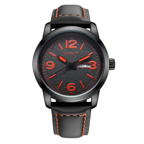 

OCHSTIN Round Luminous Display Dual Calendar Display Men Quartz Watch with Genuine Leather Band (Black + Orange)