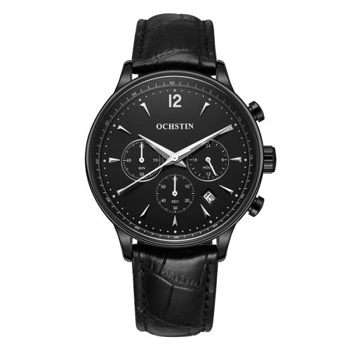 

OCHSTIN 322603 3ATM Waterproof Quartz Movement Three Functional Sub Dials(24 Hours, Minute, Second) Waist Watch with Leather Band & Calendar Display Function for Men(Black Band Black Case)
