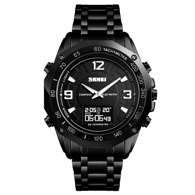 

SKMEI 1464 Multifunctional Men Outdoor Business Sports Waterproof Steel Strap Double Display Digital Watch(Black)
