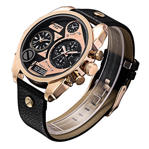 

CAGARNY 6822 Fashionable Concise Style Large Dial Dual Clock Rose Gold Case Quartz Movement Wrist Watch with Leather Band & GMT Time & Calendar Functions for Men(Black Window)