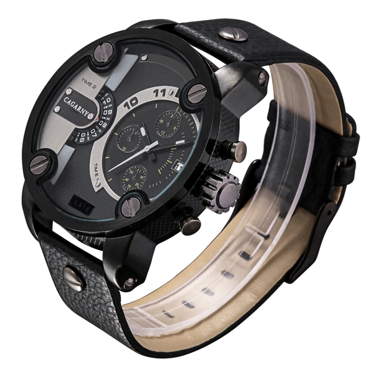 

CAGARNY 6818 Fashionable DZ Style Large Dial Dual Clock Quartz Movement Sport Wrist Watch with Leather Band & Calendar Function for Men(Black Band Black Case)