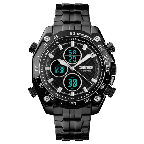 

SKMEI 1302 Fashion Men Leisure Wrist Watch Multifunctional Dual-time Sports Digital Watch with Stainless Steel Watchband 30m Waterproof (Black)