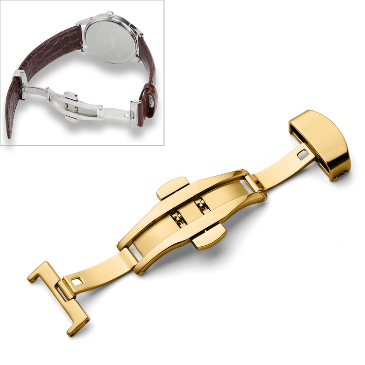 

Watch Leather Wrist Strap Butterfly Buckle 316 Stainless Steel Double Snap, Size: 22mm (Gold)