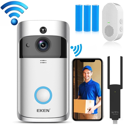 

EKEN V5 720P Wireless WiFi Smart Video Doorbell, Support Motion Detection & Infrared Night Vision & Two-way Voice, Package 1: Doorbell + 3 x 18650 Batteries(Silver)