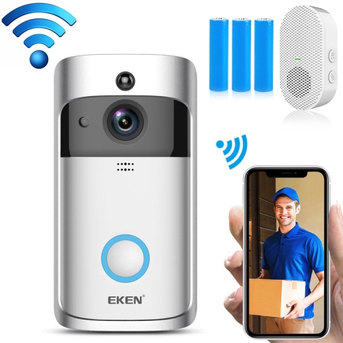 

EKEN V5 720P Wireless WiFi Smart Video Doorbell, Support Motion Detection & Infrared Night Vision & Two-way Voice, Package 3: Doorbell + Chime + 3 x 18650 Batteries + 32GB TF Card + WiFi Extender(Silver)