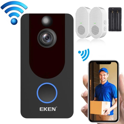 

EKEN V7 1080P Wireless WiFi Smart Video Doorbell, Support Motion Detection & Infrared Night Vision & Two-way Voice, Package 4: Doorbell + 2 x 18650 Batteries + Dual Slots Battery Charger + 2 x Chime(Black)