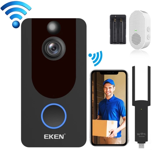 

EKEN V7 1080P Wireless WiFi Smart Video Doorbell, Support Motion Detection & Infrared Night Vision & Two-way Voice, Package 5: Doorbell + 2 x 18650 Batteries + Dual Slots Battery Charger + Chime + WiFi Repeater(Black)