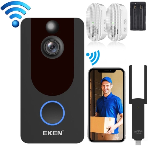 

EKEN V7 1080P Wireless WiFi Smart Video Doorbell, Support Motion Detection & Infrared Night Vision & Two-way Voice, Package 6: Doorbell + 2 x 18650 Batteries + Dual Slots Battery Charger + 2 x Chime + WiFi Repeater(Black)