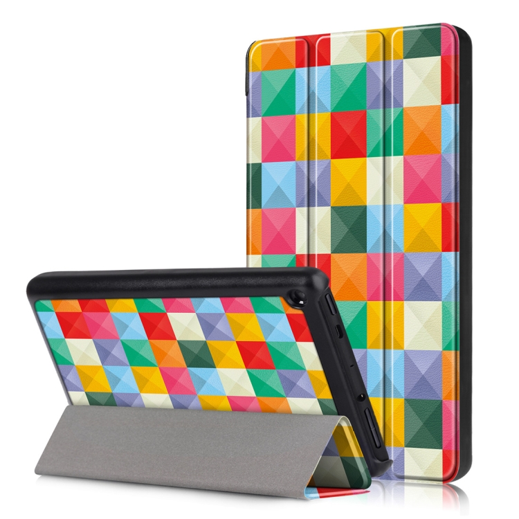 

Cube Pattern Colored Drawing Horizontal Flip Leather Case for Amazon New Fire 7 2019, with Three-folding Holder