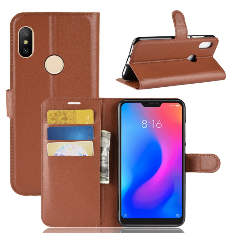 

Litchi Texture Horizontal Flip PU Leather Case for Xiaomi Redmi Note 6, with Holder & Card Slots & Wallet(Brown)